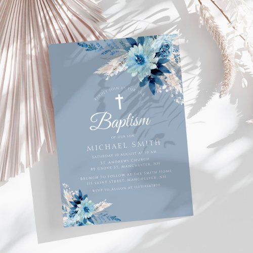 Dusty blue floral modern baptism invitation