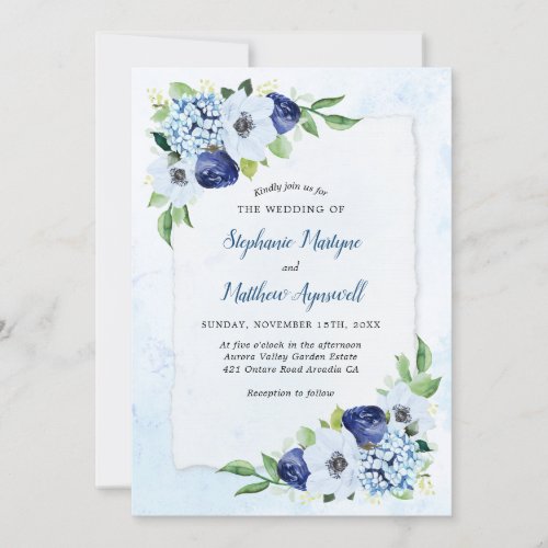 Dusty Blue Floral Modern Botanical Wedding Invitation