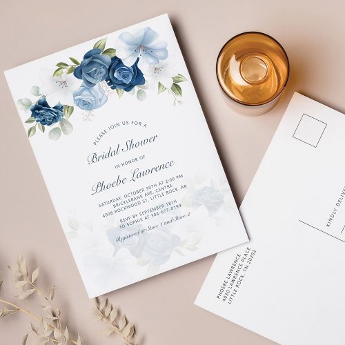 Dusty Blue Floral Modern Bridal Shower Invitation Postcard