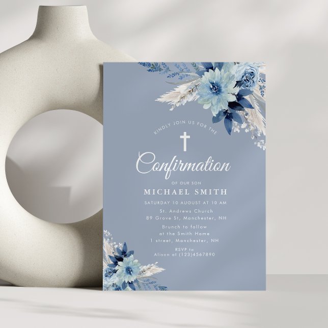Dusty blue floral modern confirmation invitation (Creator Uploaded)