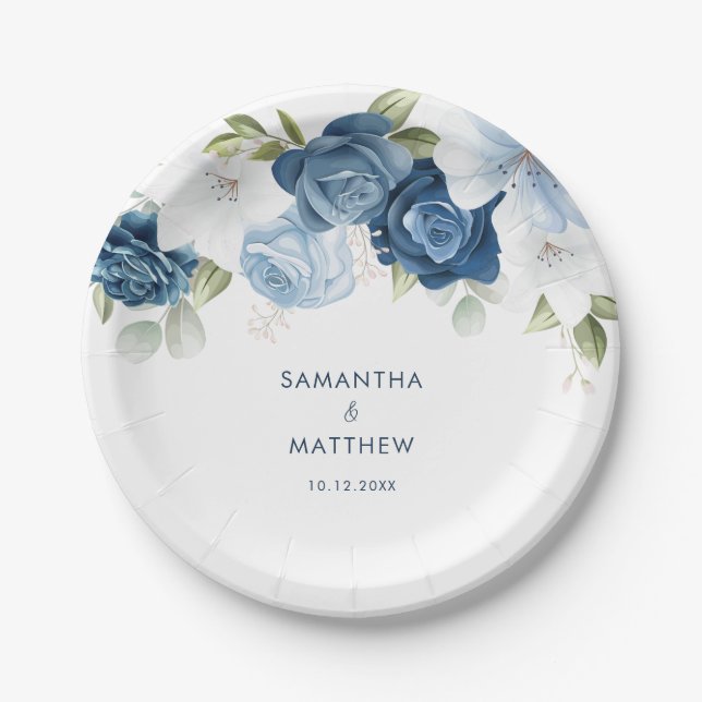 Dusty Blue Floral Modern Custom Wedding Paper Plates (Front)