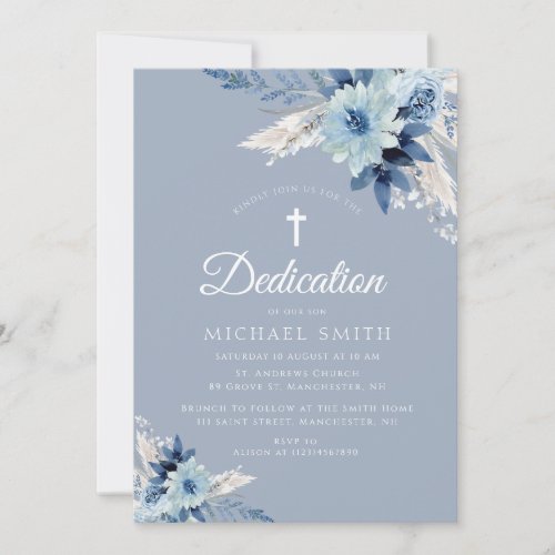 Dusty blue floral modern dedication invitation
