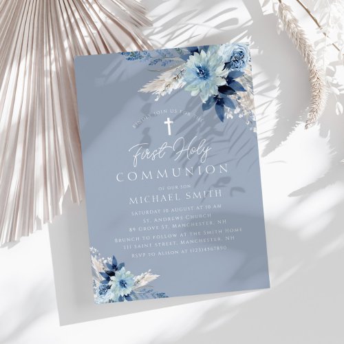 Dusty blue floral modern first communion invitation