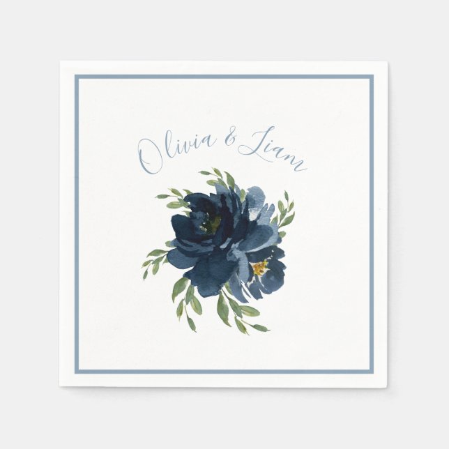 Dusty Blue Floral Modern Script Elegant Name Napkins (Front)