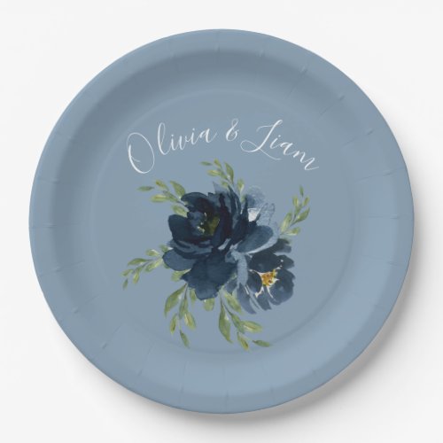 Dusty Blue Floral Modern Script Elegant Name Paper Plates