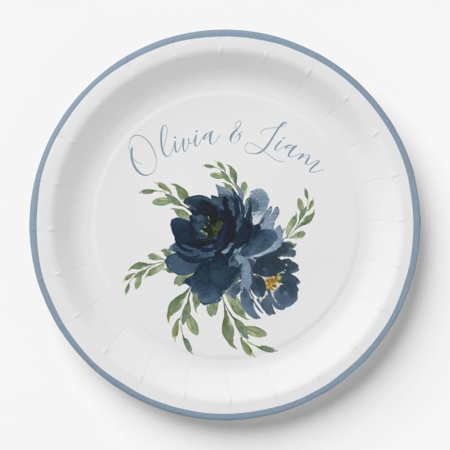 Dusty Blue Floral Modern Script Elegant Name Paper Plates (Front)