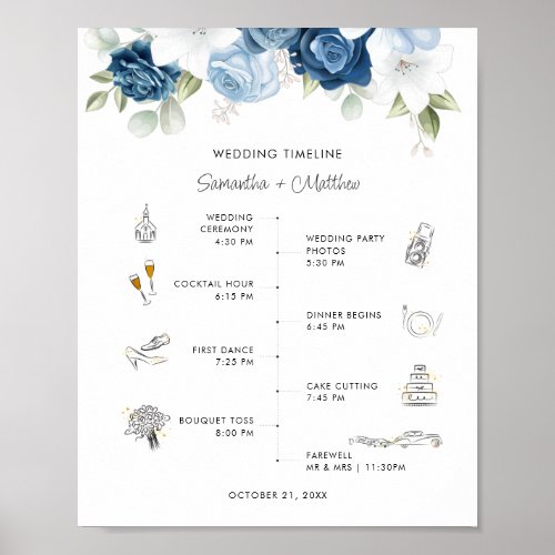 Dusty Blue Floral Modern Wedding Itinerary Program Poster