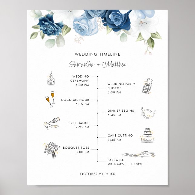Dusty Blue Floral Modern Wedding Itinerary Program Poster (Front)