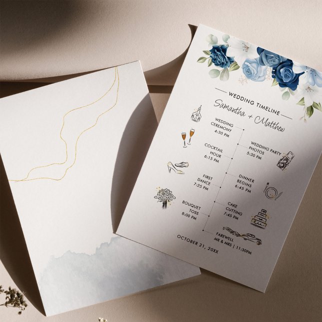 Dusty Blue Floral Modern Wedding Itinerary Program Stationery (Wedding Timeline Program Dusty Blue Front and Back View)