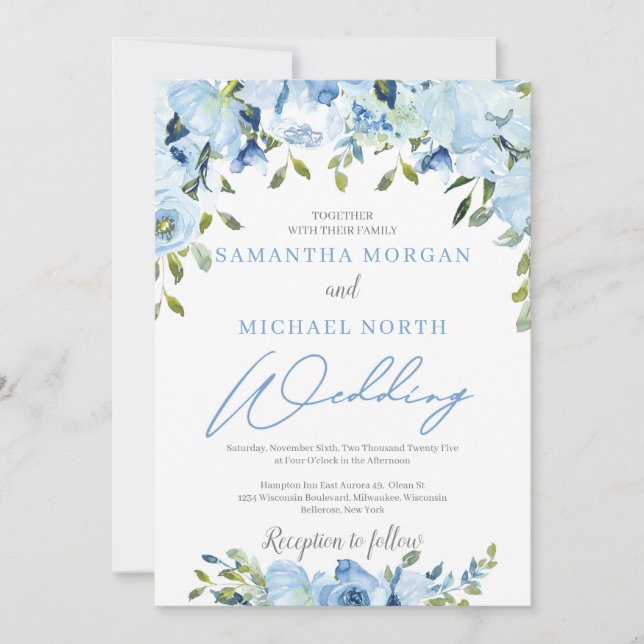 Dusty blue floral modern winter chic wedding invitation (Front)