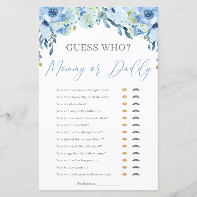Dusty Blue Floral Mommy or Daddy Baby Shower Game (Front)