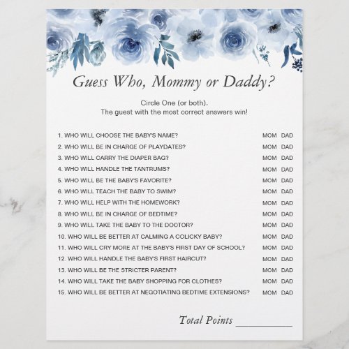 Dusty Blue Floral Mommy or Daddy Baby Shower Game  Flyer