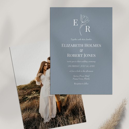 Dusty Blue Floral Monogram Custom Photo Wedding  Invitation