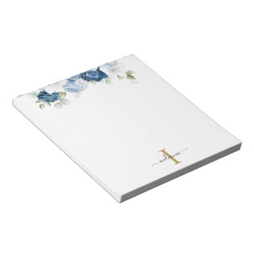 Dusty Blue Floral Monogram Eucalyptus Script Name Notepad