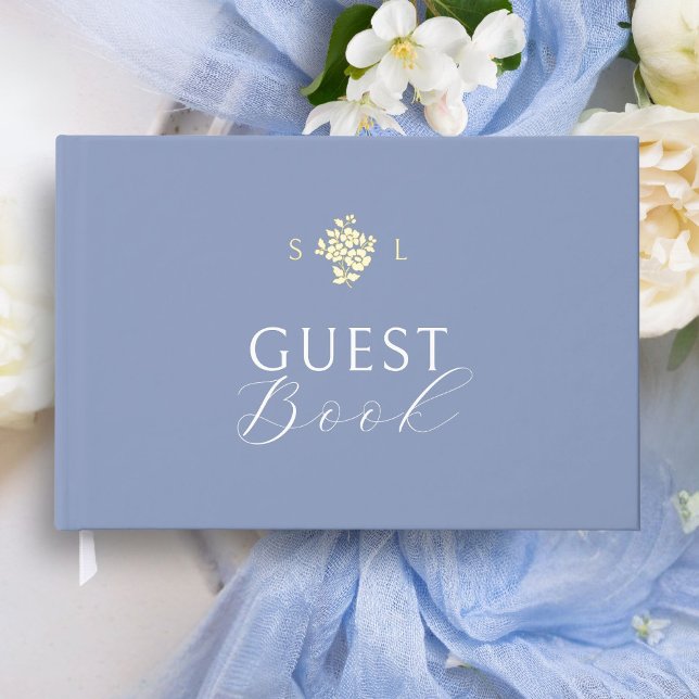 Dusty Blue | Floral Monogram Foil Wedding  Foil Guest Book (Creator Uploaded)