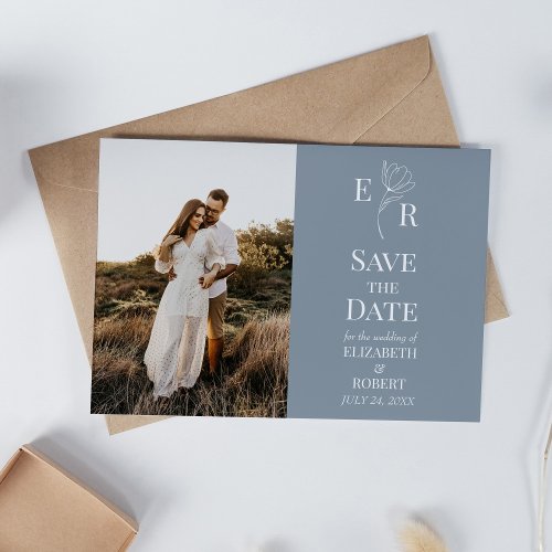Dusty Blue Floral Monogram Photo Save the Date Invitation
