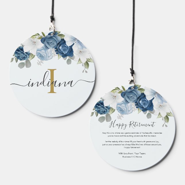 Dusty Blue Floral Monogram Retirement Personalized Wind Chime (Front & Back)