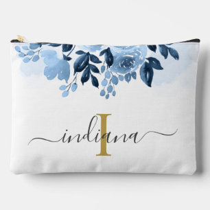 Dusty Blue Floral Monogram Script Botanical Accessory Pouch