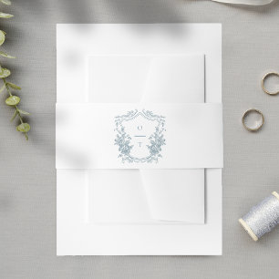 Dusty Blue Floral Monogram Wedding Crest Invitation Belly Band