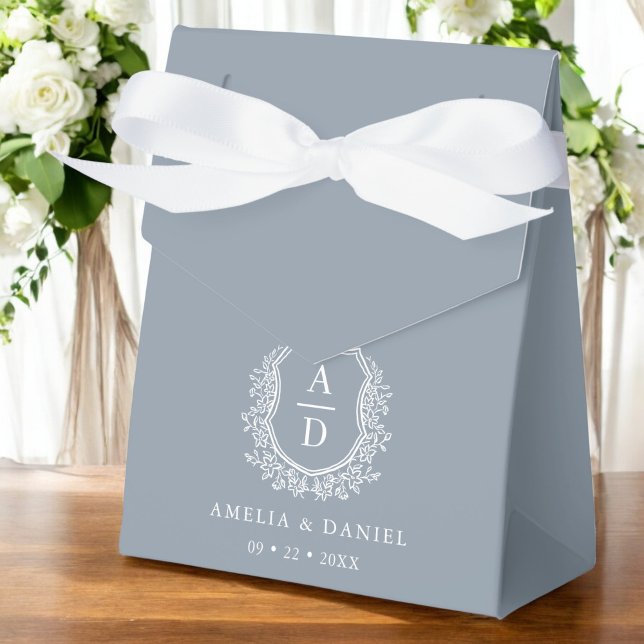 Dusty Blue Floral Monogram Wedding Crest Modern Favor Boxes (Creator Uploaded)