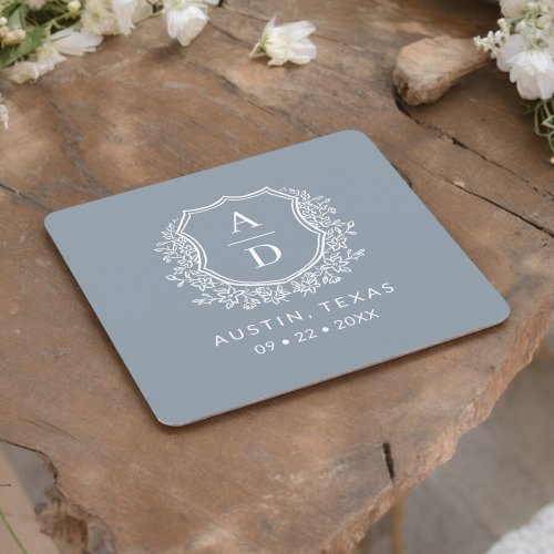 Dusty Blue Floral Monogram Wedding Crest Modern Square Paper Coaster