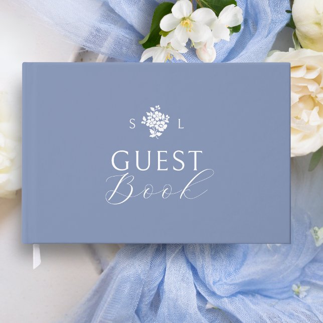 Dusty Blue | Floral Monogram Wedding  Guest Book (Creator Uploaded)