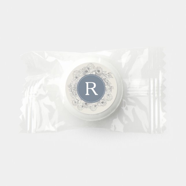 Dusty Blue Floral Monogram Wedding Life Saver® Mints (Front)