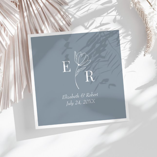 Dusty Blue Floral Monogram Wedding  Napkins (Dusty Blue Floral Monogram Wedding Napkins on a sunny white table.)
