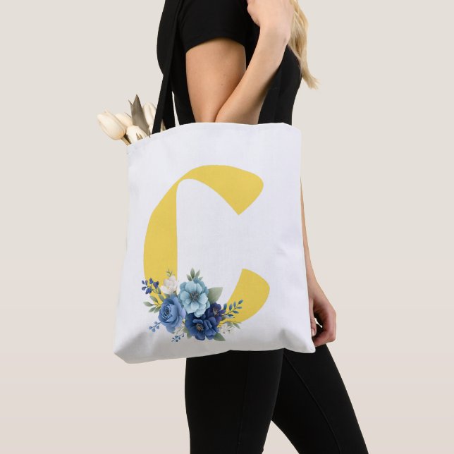 Dusty Blue Floral Monogram Yellow Initial Birthday Tote Bag (Close Up)