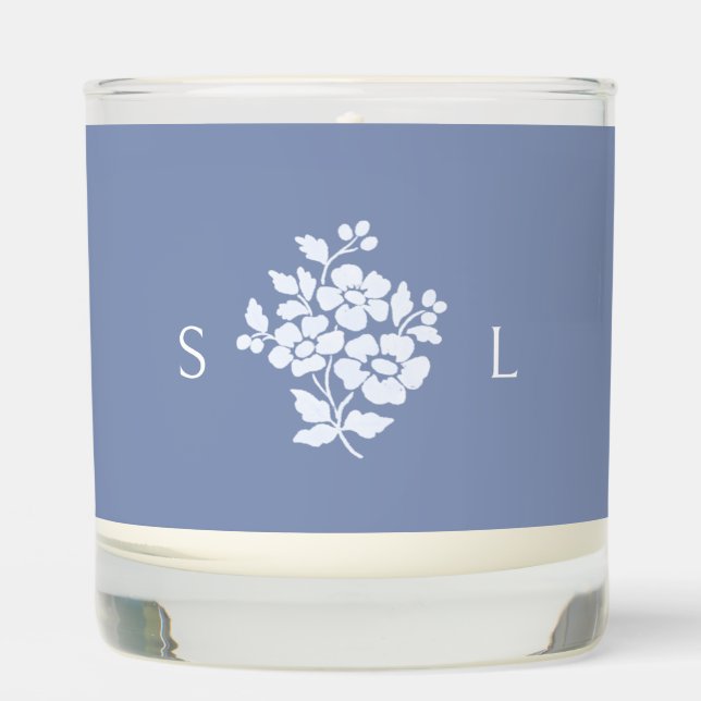 Dusty Blue Floral Monogrammed Wedding  Scented Candle (Front)