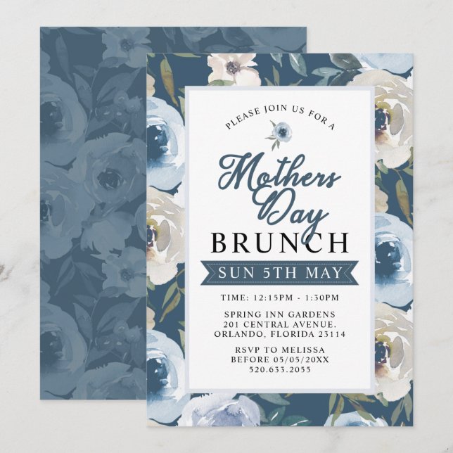 Dusty Blue Floral Mother's Day Brunch Invitation (Front/Back)
