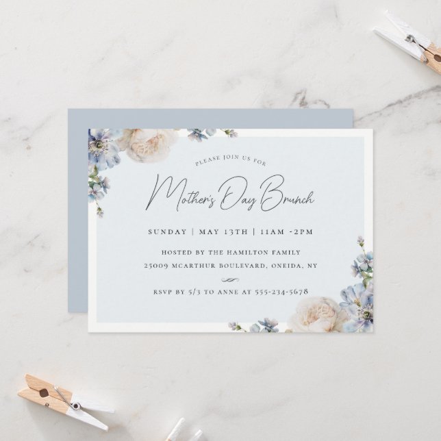 Dusty Blue Floral Mother's Day Brunch Invitation (Front/Back In Situ)