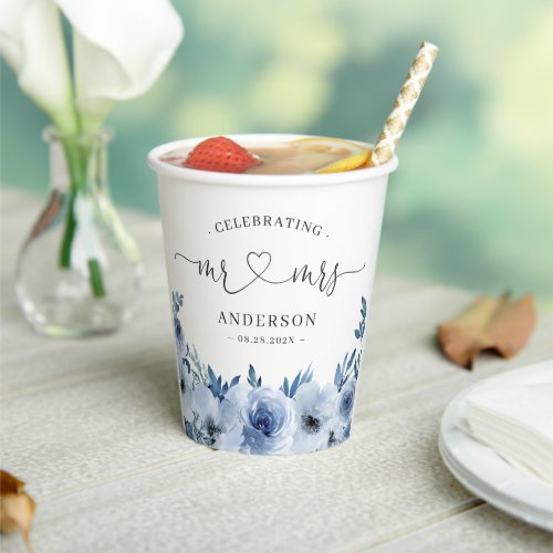 Dusty Blue Floral Mr and Mrs Heart Script Wedding Paper Cups
