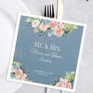Dusty blue floral Mr & Mrs elegant script wedding Napkins