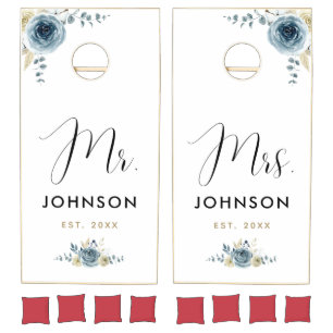 Dusty Blue Floral Mr. & Mrs. Wedding Newlyweds Co Cornhole Set