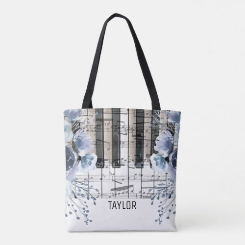 dusty blue floral music name tote bag
