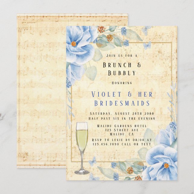 Dusty Blue Floral Musical Brunch & Bubbly Invitation (Front/Back)