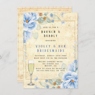 Dusty Blue Floral Musical Brunch & Bubbly Invitation