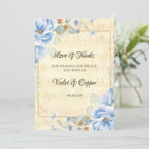 Dusty Blue Floral Musical Wedding Love and Thanks Invitation