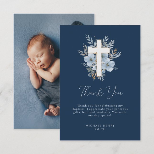 dusty blue floral navy baptism thank you card (Front/Back)