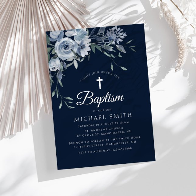 Dusty blue floral navy blue baptism invitation (Creator Uploaded)