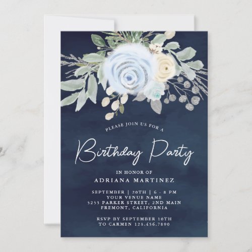 Dusty Blue Floral Navy Blue Birthday Party Invitation