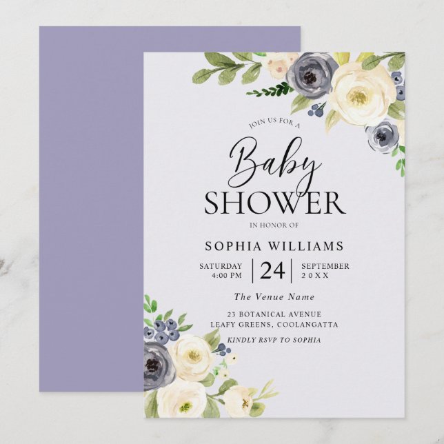 Dusty Blue Floral Navy Boys Baby Shower Invitation (Front/Back)