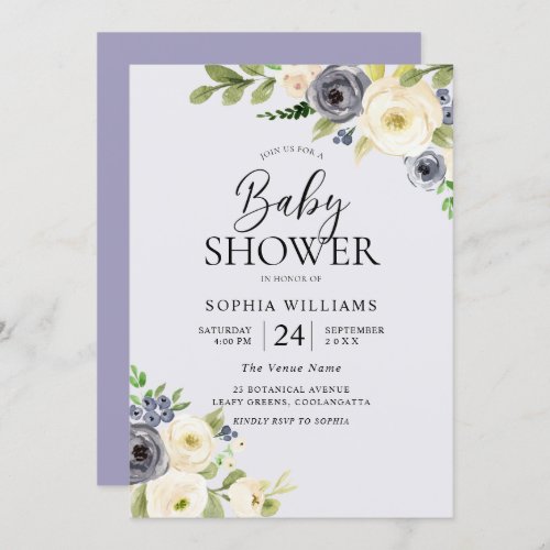 Dusty Blue Floral Navy Boys Baby Shower Invitation