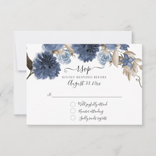Dusty Blue Floral Navy Elegant Wedding Greenery RSVP Card