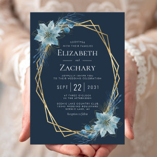 Dusty Blue Floral Navy Gold Winter Wedding Invitation