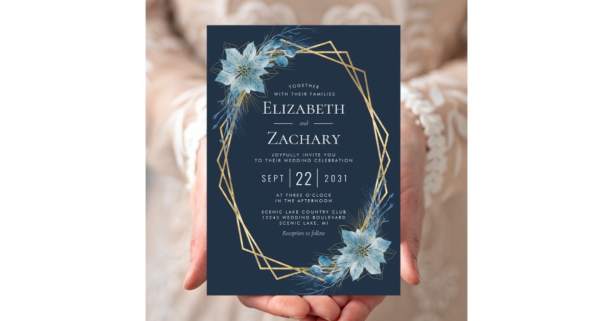 Dusty Blue Floral Navy Gold Winter Wedding Invitation | Zazzle