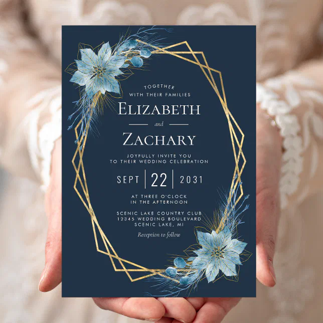 Dusty Blue Floral Navy Gold Winter Wedding Invitation | Zazzle
