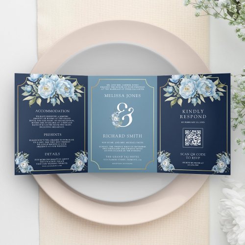 Dusty Blue Floral Navy QR Code All in One Wedding Tri_Fold Invitation