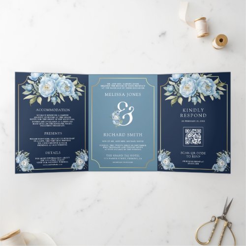Dusty Blue Floral Navy QR Code All in One Wedding Tri_Fold Invitation